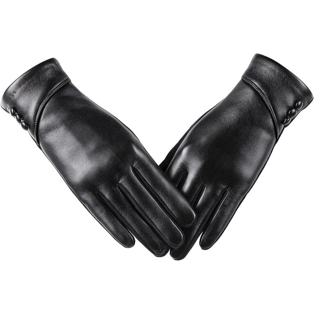 Women's Winter Leather Gloves Touch Screen Wool Lined Windproof Warm Suede Black